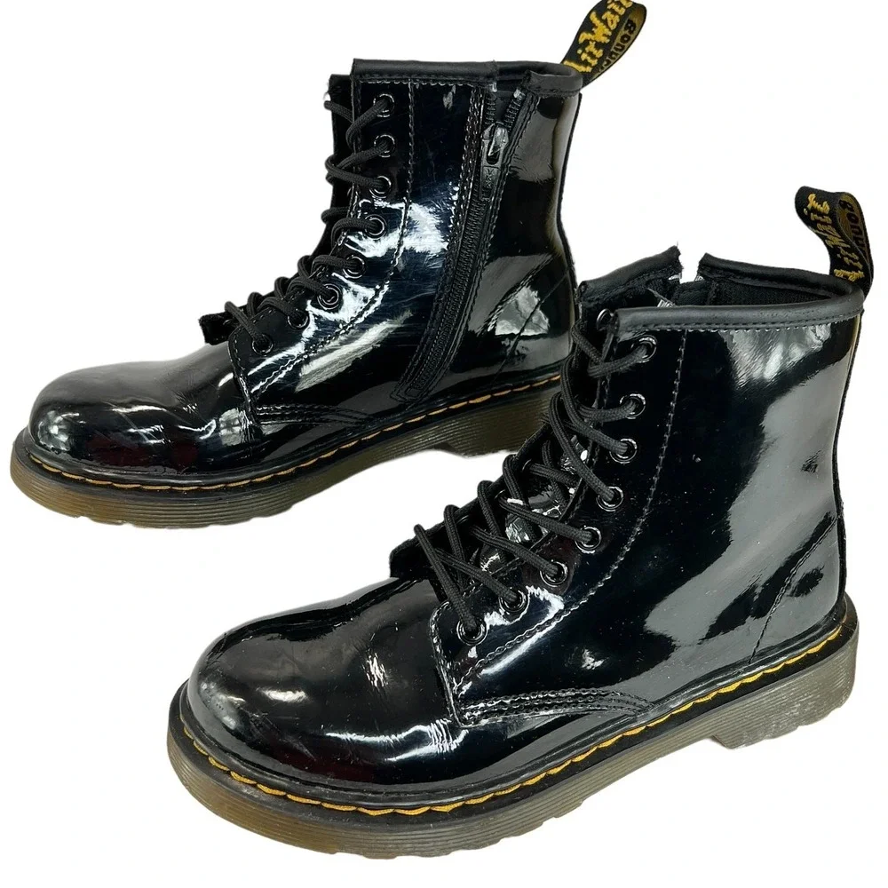 Dr. Martens 1460 J Patent Leather Lace Up Side Zip Ankle Boots Black Kids Size 3
